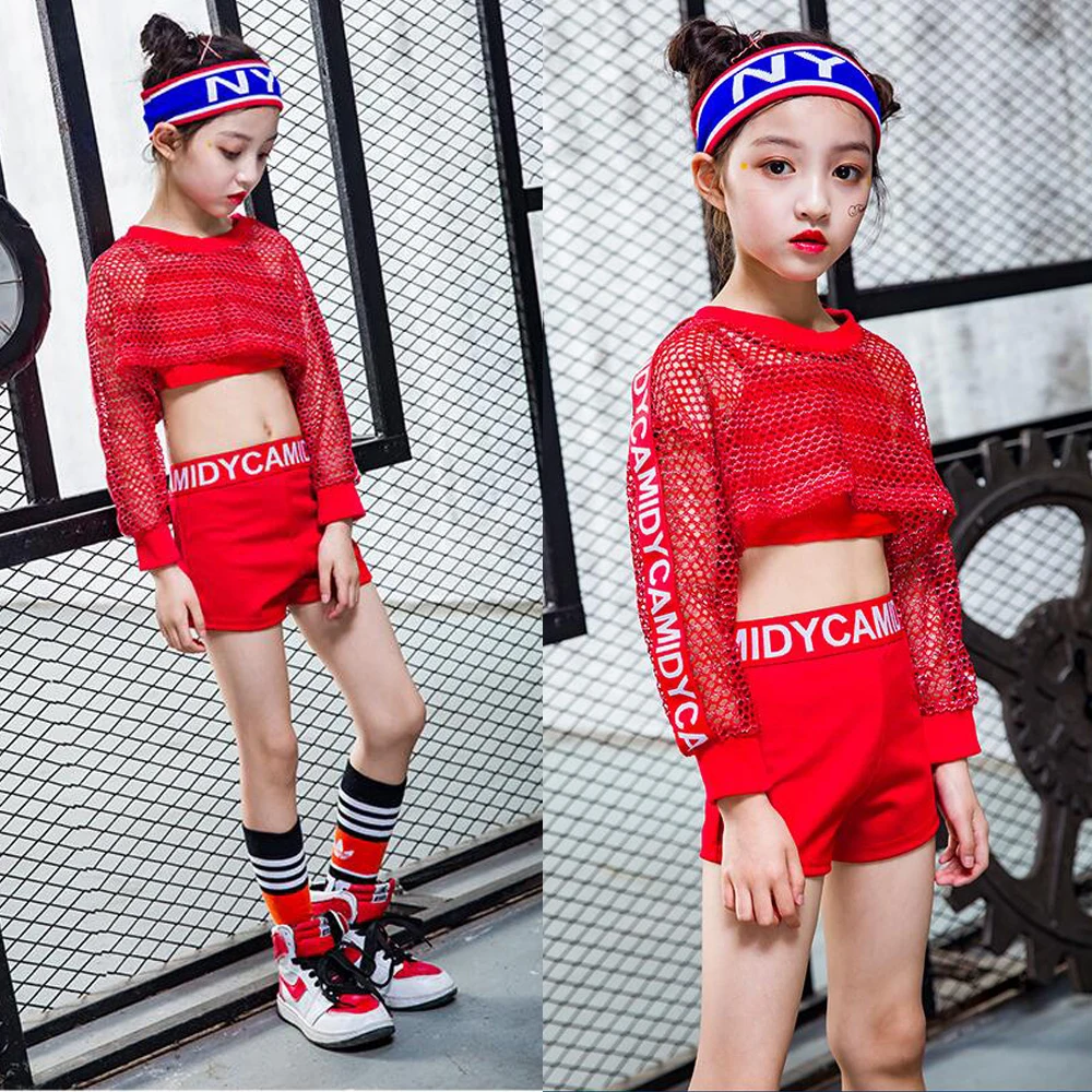 Красный крутой костюм для бальных танцев джаза хип хоп соревнований девочек топы