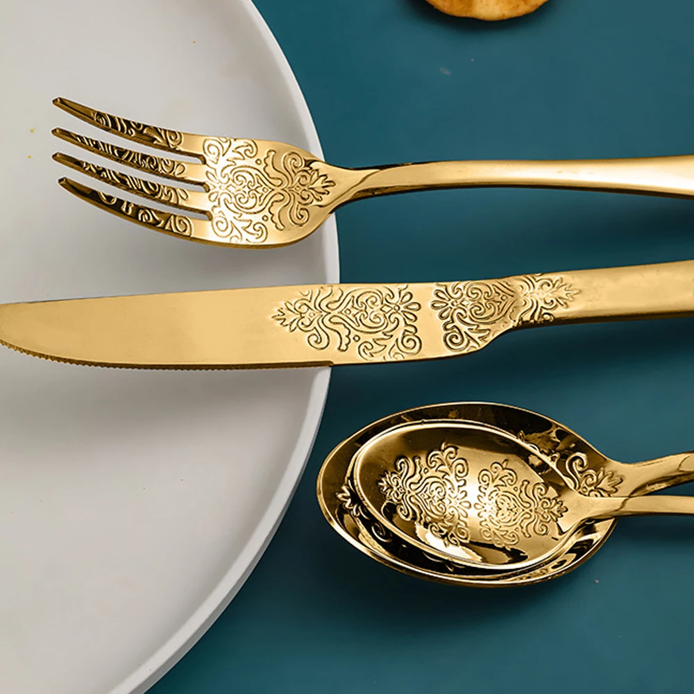 24pcs Cutlery Set Gold Tableware Dinnerware 304 Stainless Steel Carved Spoon Forks Knife Kitchen Western Dinner Silverware Gift | Дом и сад