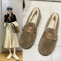 hairy shoes womens outer wear 2021 autumn and winter new shoes fashion plus velvet cotton shoes all match peas shoes