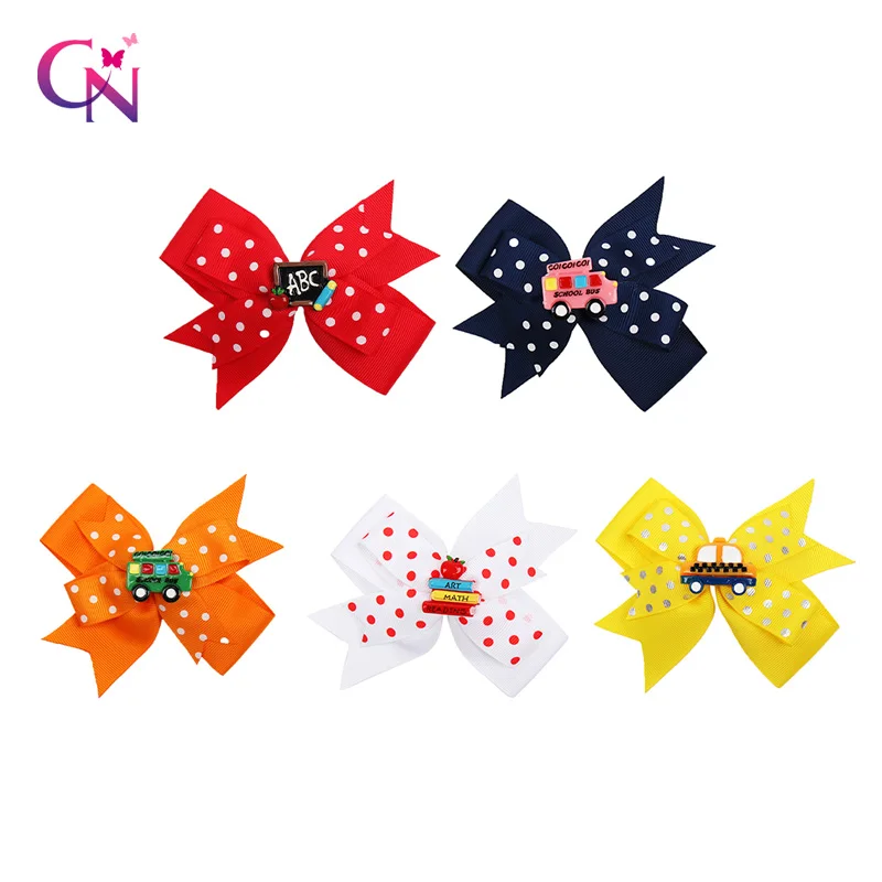 

CN 4.5" Back To School Hair Clips For Girls Kids Pencil Print Dot Layered Ribbons Hair Bows Hairpins Students Hair Accessories
