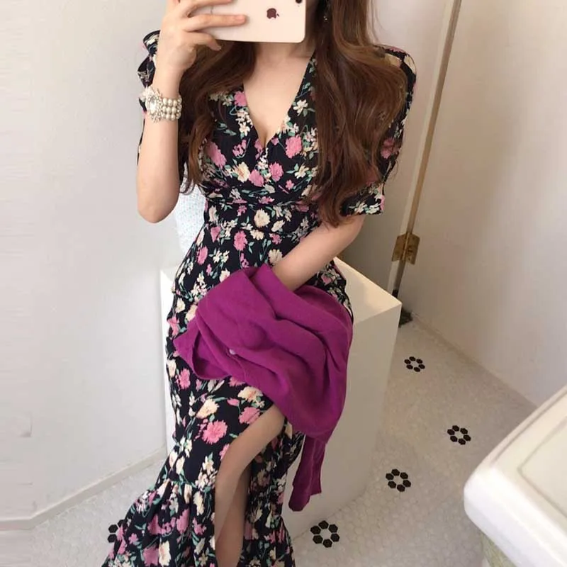

French Elegant Lady Floral Dress 2021 Slim V-Neck One-Piece Dresses Summer Fashion Women Chiffon Korean Holiday Dress Midi Dress