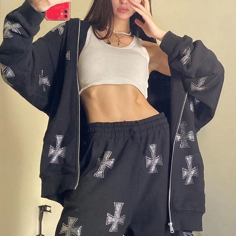

Hip Hop Joggers Sweatshirt Korean Fashion Punk Sport Coat Pullover Rhinestone Gothic Long Sleeve Zip Hoodie Y2k Jacket Men