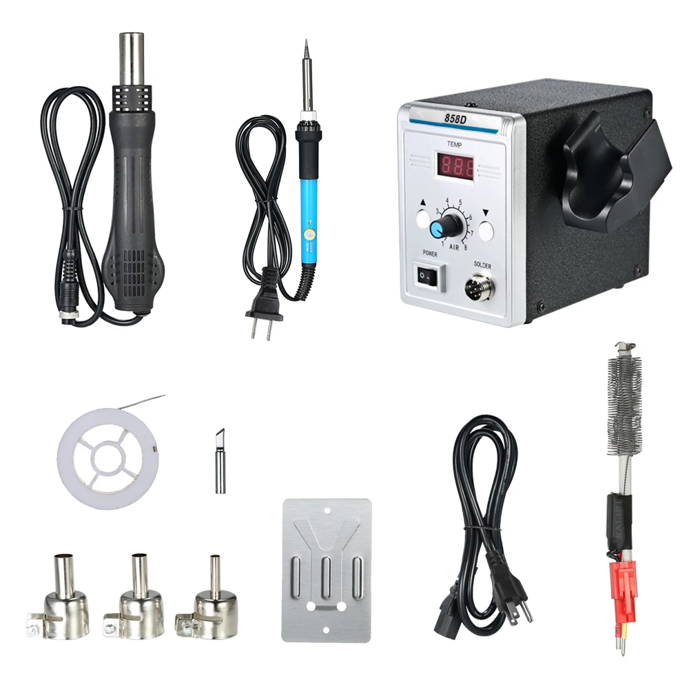 

858D 700W High Quality Soldering Station LED Digital Desoldering Station BGA Rework Solder Station Hot Air Gun+Electric Iron Set