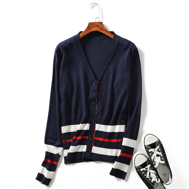 autumn and winter new style V-neck slim long-sleeved Korean knitted women's striped cardigan sweater women |