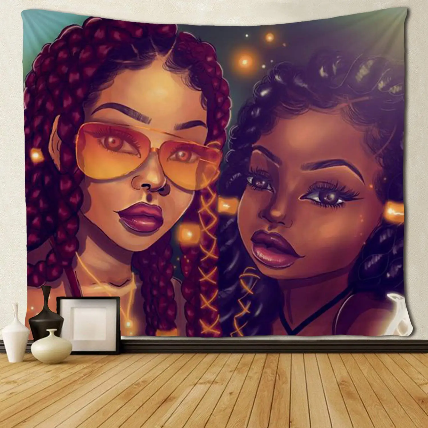 

Afro Black Mom and Daughter African American Women Tapestries Hippie Art Wall Hanging