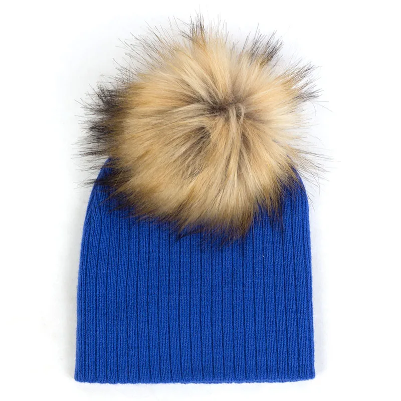 Royal blue16 Geebro/осенне-зимняя Толстая теплая шапка для младенца вязаный в рубчик, хлопковая однотонная детская шапка с помпоном для мальчиков и девочек, детские шапки, детская шапочка - Цвет: Royal blue16