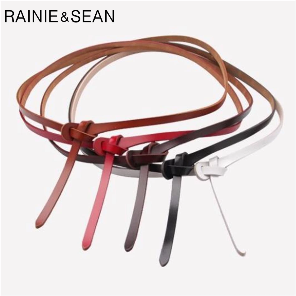

RAINIE SEAN Women Belt Without Buckle Genuine Leather Thin Female Knot Belt Vintage Self Tie Cowskin Ladies Belts For Dresses