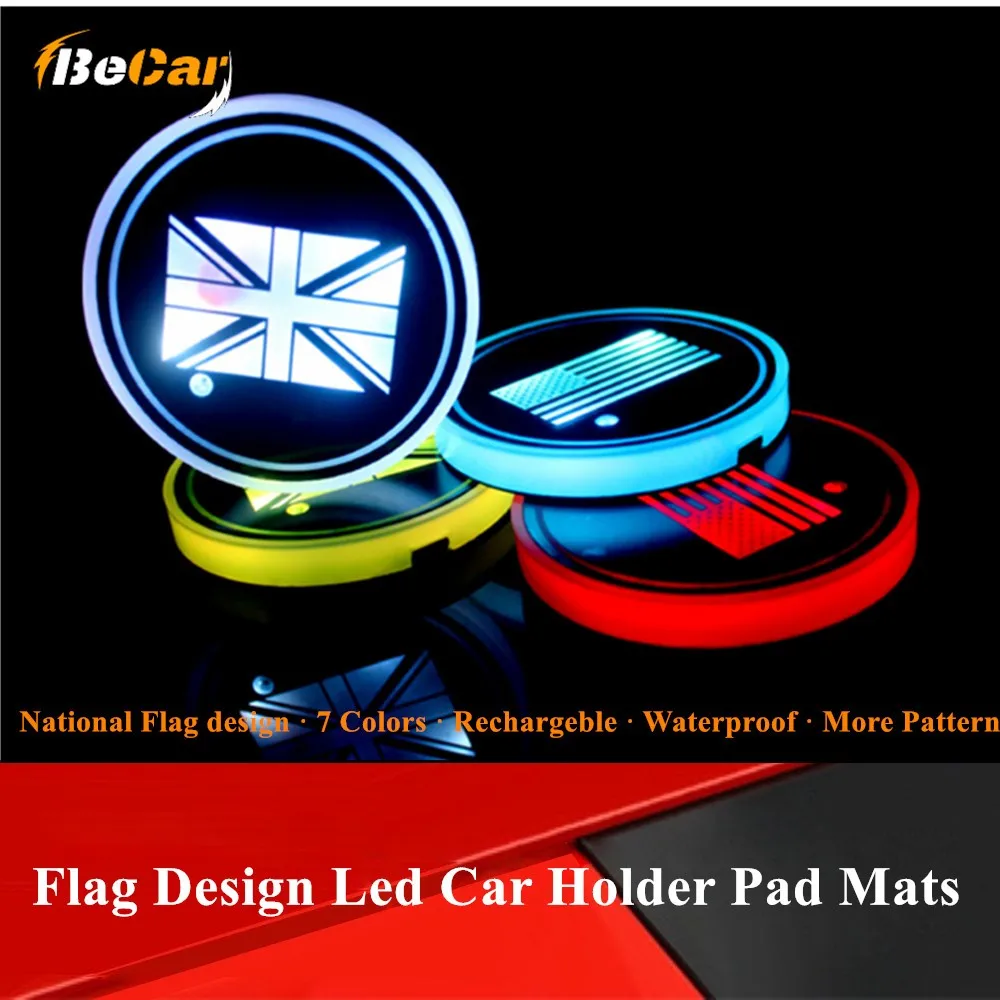 

2 Pcs Flag Design Cup Light 7 Colors Holder Pad Mats Bottle Coasters Car LED Atmosphere Light Cup Holder USB Charging Decoration