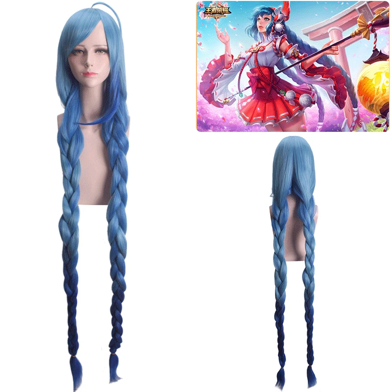 

120CM King of Glory Cosplay Wigs Da Qiao Skin Ise Miko Halloween Fancy Straight Wig Women Fashion Bule Double Twist Braid Wig