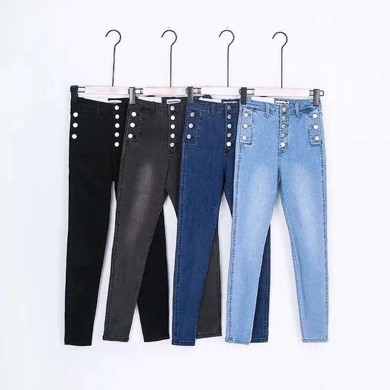 

High Waist Hip Button Design Pencil Pants Vintage Solid Super Stretchy Jeans 2021 Spring Summer Female Denim Long Trousers
