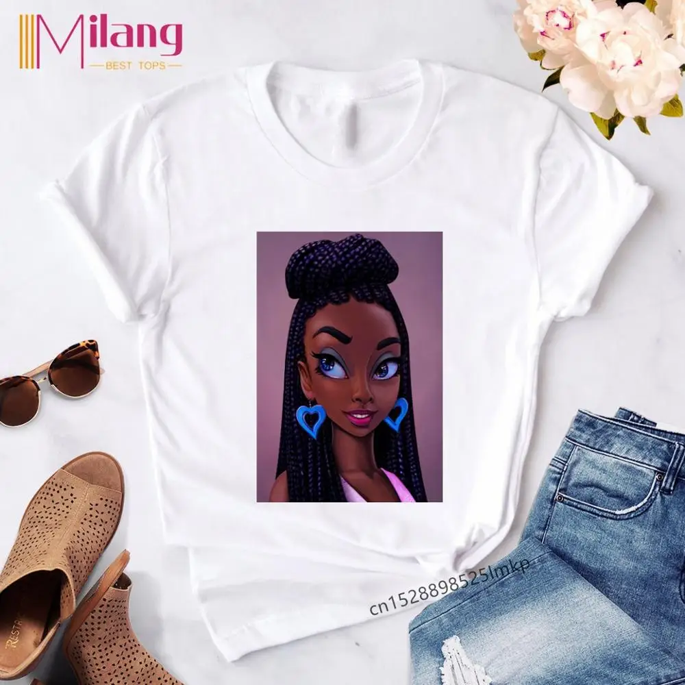 Женская футболка Melanin Poppin красивая черная с принтом для девочек модная Прямая