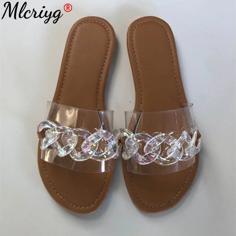 

Fashion Sexy Roman Style Transparent Chain Decoration Flat Outdoor Female Slippers 2021 Summer New Style Plus Size Beach Slipper