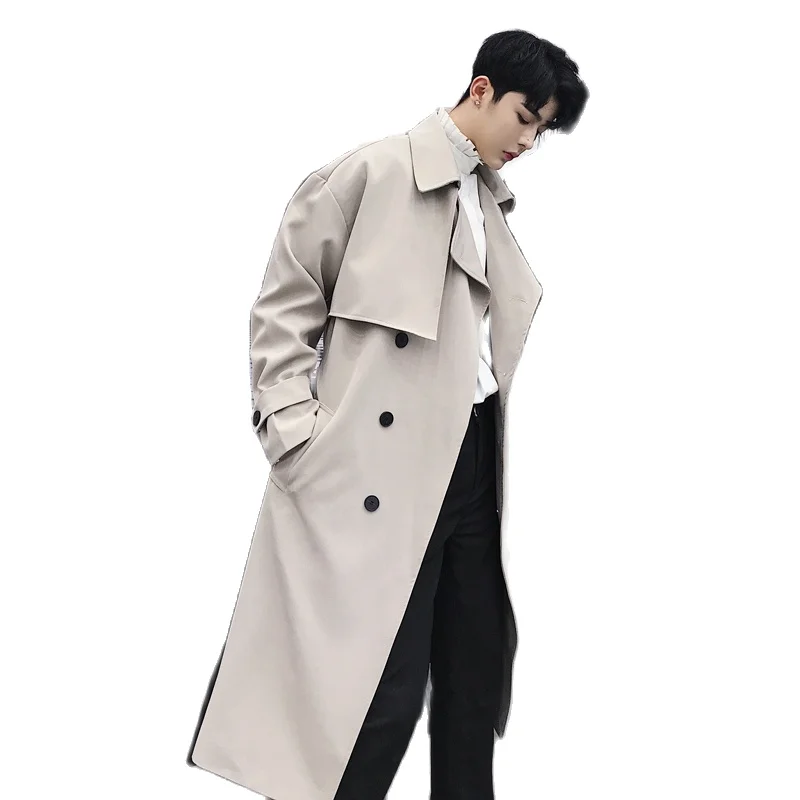 Тренчкот мужской длинный двубортный модное винтажное пальто в Корейском стиле