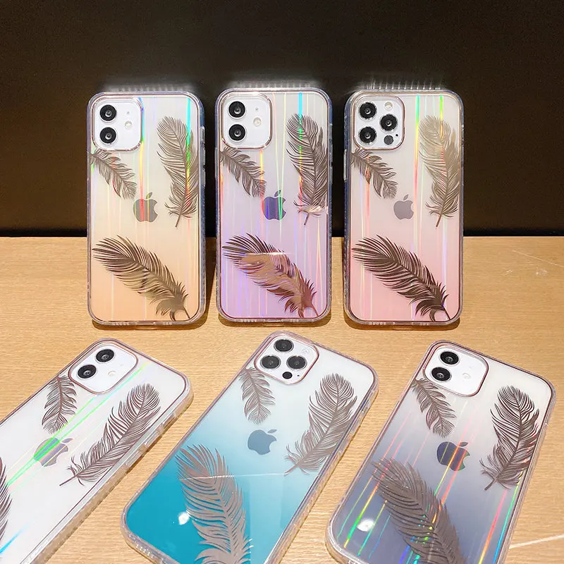 

Gradient Laser Feather Phone Case For iPhone 11 12 Pro Max 12Mini XR XS Max X 7 8 Plus Transparent Shockproof Bumper Back Cover