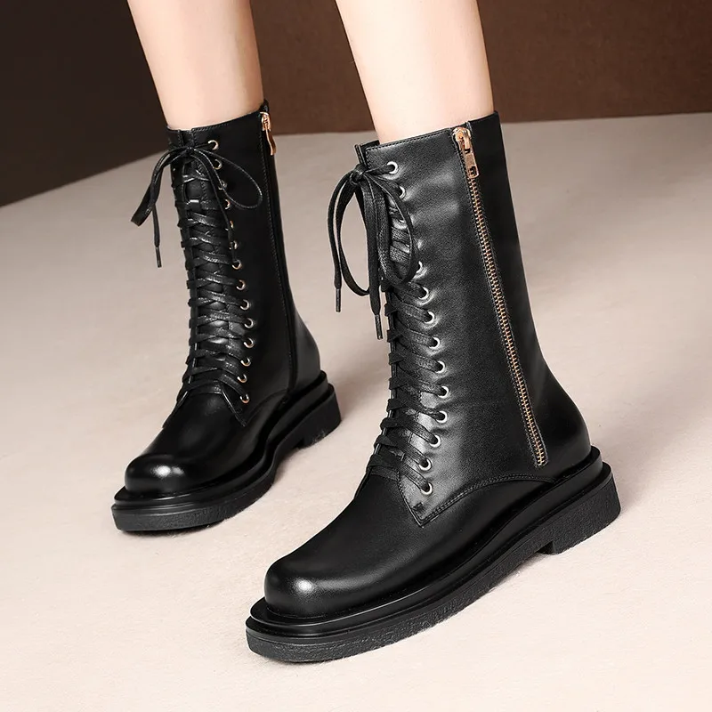 

MEMUNIA 2020 newest flat genuine leather shoes women boots round toe zip lace up autumn winter fashion ankle boots women