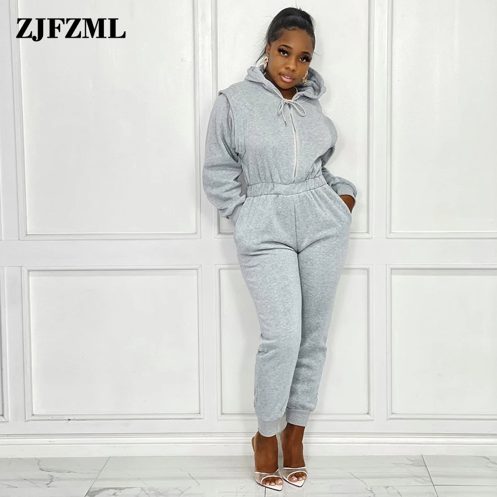 

Casualwear Solid Thicken Plush Sport Rompers for Women Hooded Long Sleeve Drawstring Jumpsuit Simple Zipper Up Jogger Bodysuits