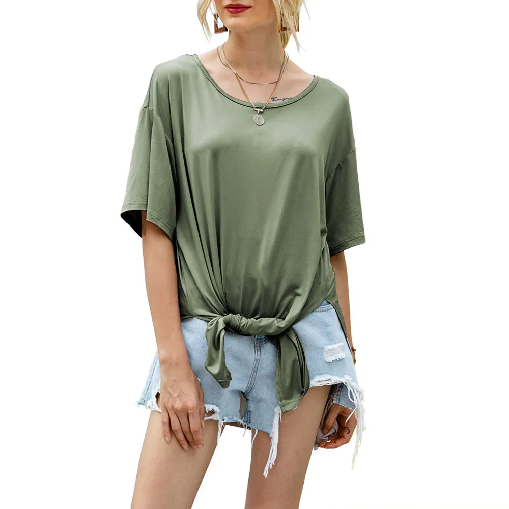 Women T-shirt Summer Fashion 2020 Short Sleeve Loose Tshirt Side Split Knot Bow Ruched Irregular Tee Shirt Tops WDC4969 | Женская одежда