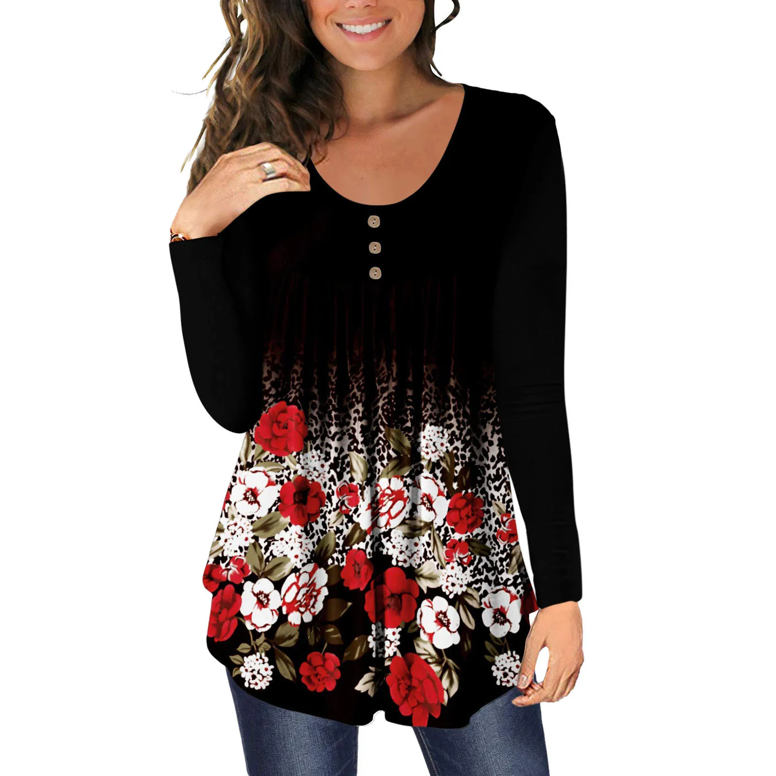 

Women Autumn Winter T Shirts Long Sleeve Button Round Neck Floral Butterfly Print Pleated T-shirt Female Casual Loose Y2k Tops