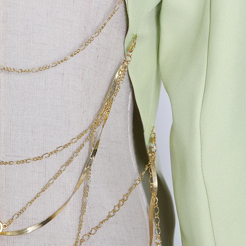 

Women Backless Blazer Chain Deco Single Button Spring Autumn High Street Blazer Coat