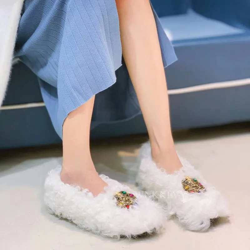 

Flat Furry Shoes Women Round Toe Metal Rhinestone Crystal Decor Wool Loafers Female Autumn Winter Outdoor Casual Cotton Shoes