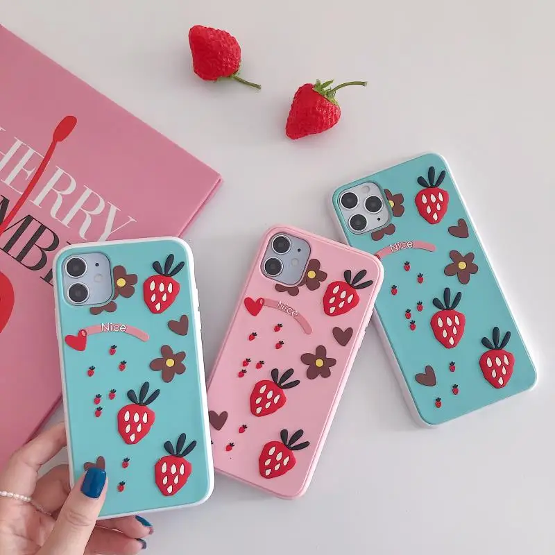 

3D Luxury cute cartoon fruit Strawberry Soft silicone phone case for iphone X XR 11 Pro Max 6S 7 8 plus Holder cover gift coque