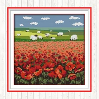 poppy and sheep dmc cotton thread printed canvas 14ct 11ct counted and stamped cross stitch embroidery kit diy needlework crafts