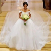 princess african wedding dresses ball gown off the shoulder lace long train garden church wedding dress 2021 black girls bride