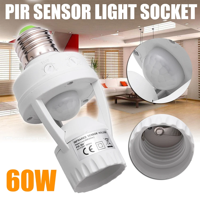 

60W PIR Motion Sensor Light Socket, E27 Smart Lamp Bulb Holder Adapter Auto On/Off Light Control for Garage Basement Porch
