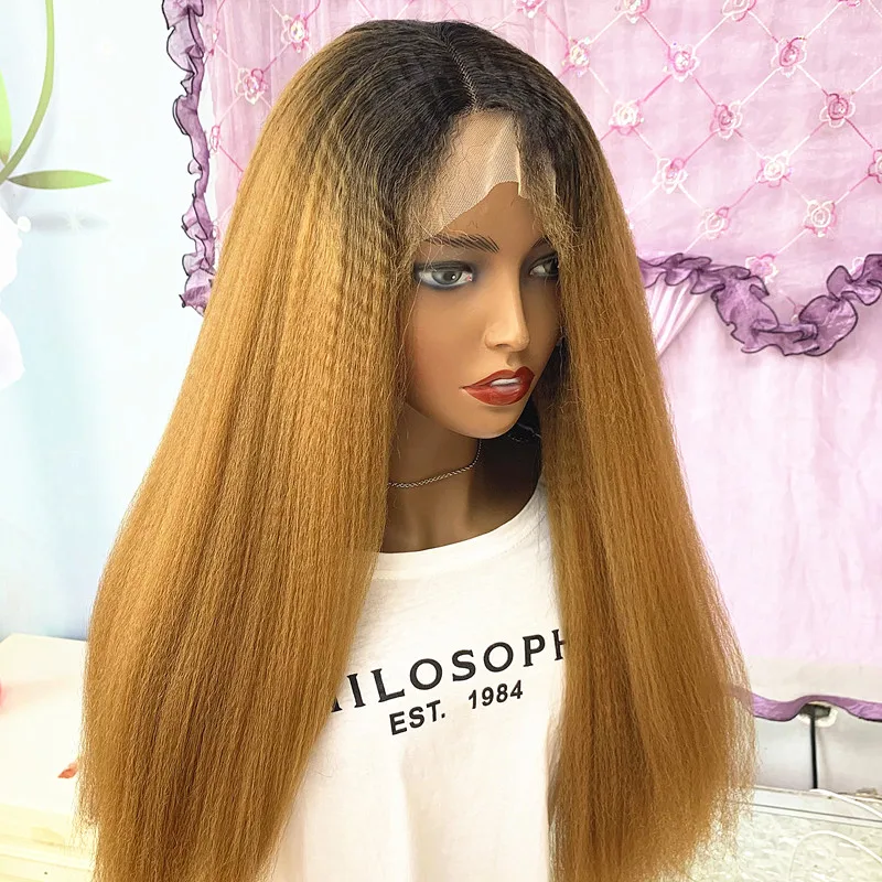

Ombre Blonde Synthetic Yaki Straight Wig For Women Long Kinky Straight Synthetic Lace Front Wig Womens Natural Hair Wig