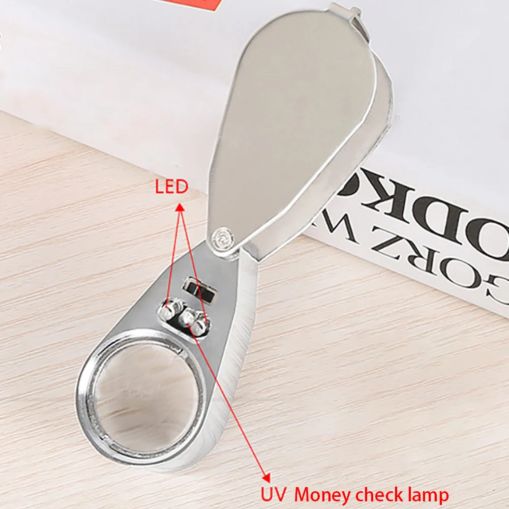 

40 Times Magnifying Glass UV Light LED Magnifier Counterfeit Detector Loupe Gift Folding Portable Lightweight Full Metal Useful
