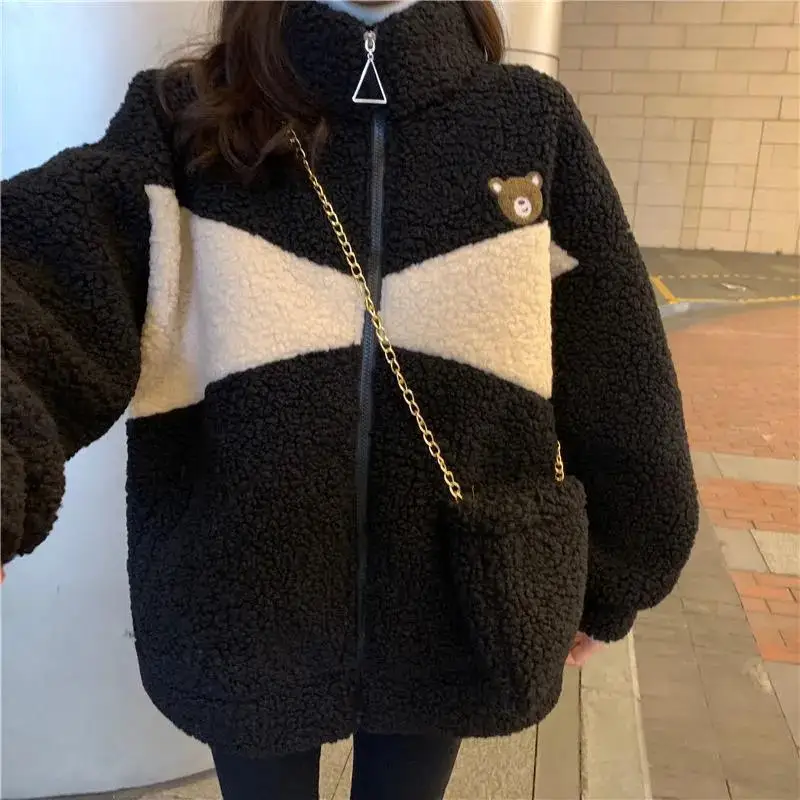 Black Faux Lambs Fur Kawaii Coat Lamb Women Teddy Fleece Winter Jacket Oversize Original Parkas Plus Size Hoodie | Женская одежда