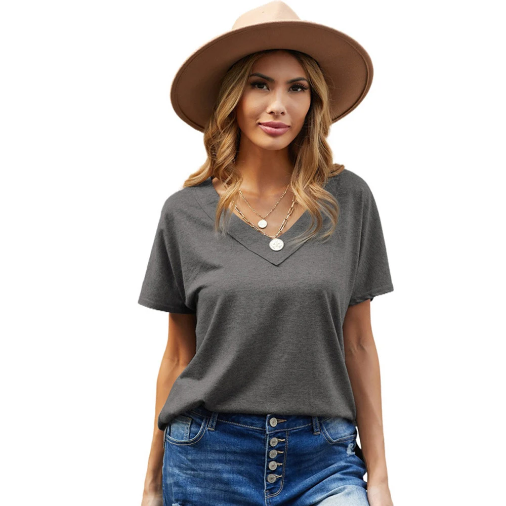 

Summer Sexy Loose V-Neck Ladies T-Shirt 2021 Traf New Short-Sleeved Fashion Casual Top Solid Color Top Short SleeveT-Shirt Women
