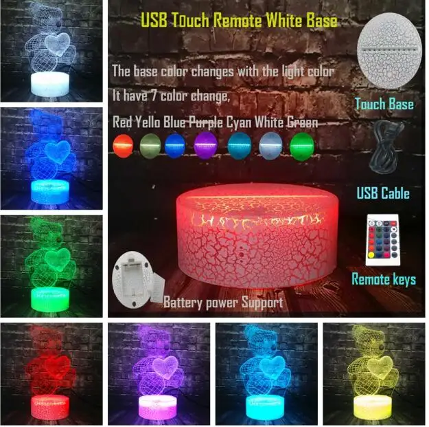 Горячая Распродажа Маленький милый медвежонок с сердечком 3D светодиодный USB лампа красочный сенсорный Ночной светильник для детей и детей рождественские подарки - Испускаемый цвет: Remote 7 Color