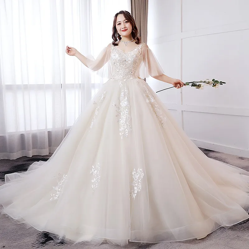 

White Wedding Dress V-Neck Lace Embroidery Elegant Tulle Ball Gown High Quality Luxury Crystal Simple Women Bride Dresses B001