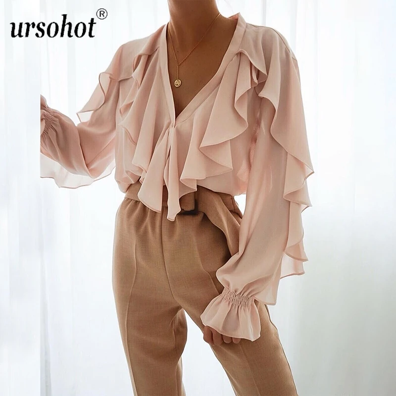 Ursohot, Летняя Сексуальная рубашка с рюшами, Женская офисная блуза с v-образным вырезом, кардиган на пуговицах, шифоновая повседневные кофточки с пышными рукавами, топы, рубашки