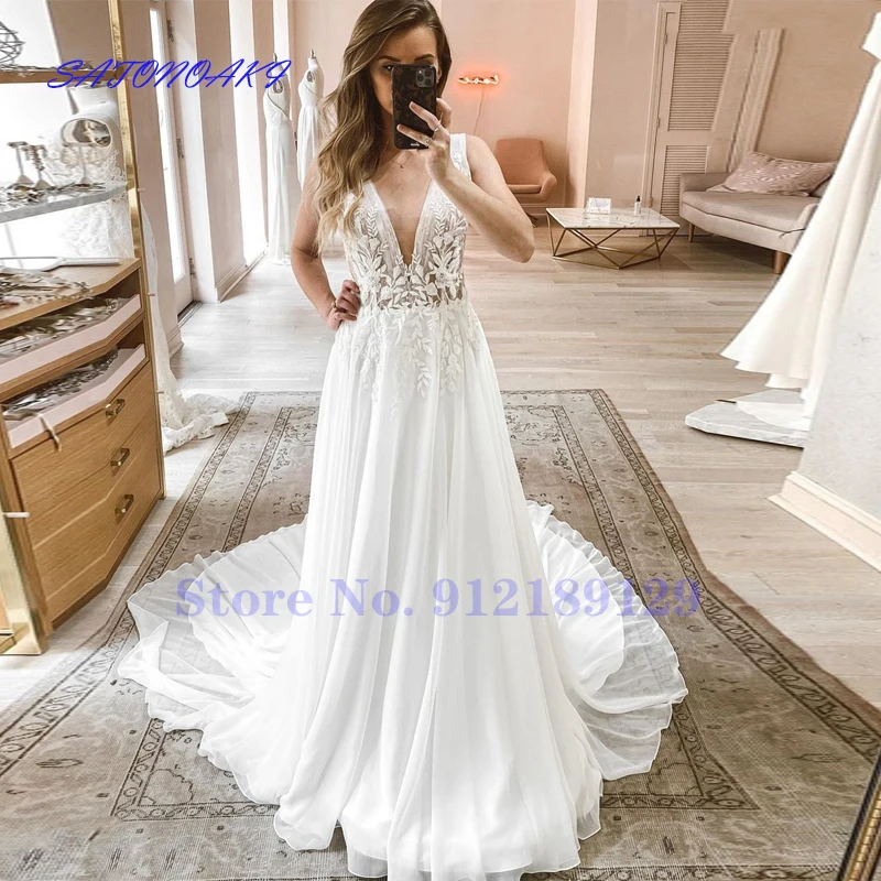 

Vestido De Novia Princess Wedding Dress 2022 For Women V-Neck Sleeveless Floor Length Sweep Train Chiffon Charming Bride Gown