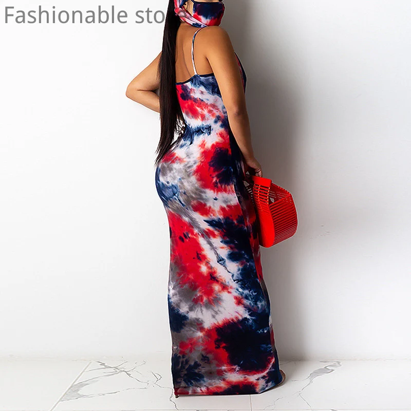 

Women Tie Dye Print Spaghetti Strap Lace-Up Waist Maxi Dress