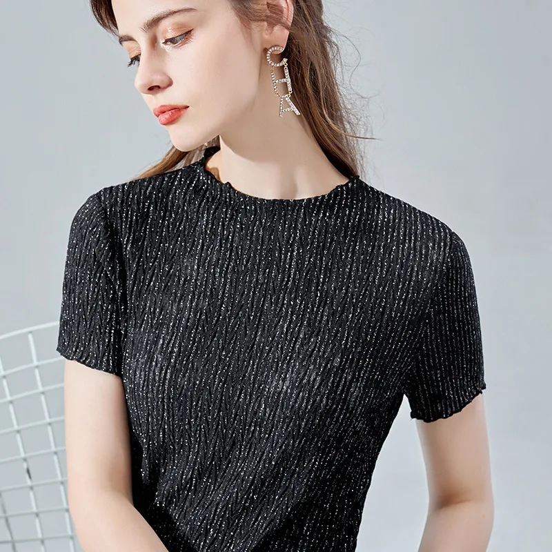 

Ear edge T-shirt women's new summer women's wear flash silk short sleeve sympathizing foreign style small shirt bright silk top