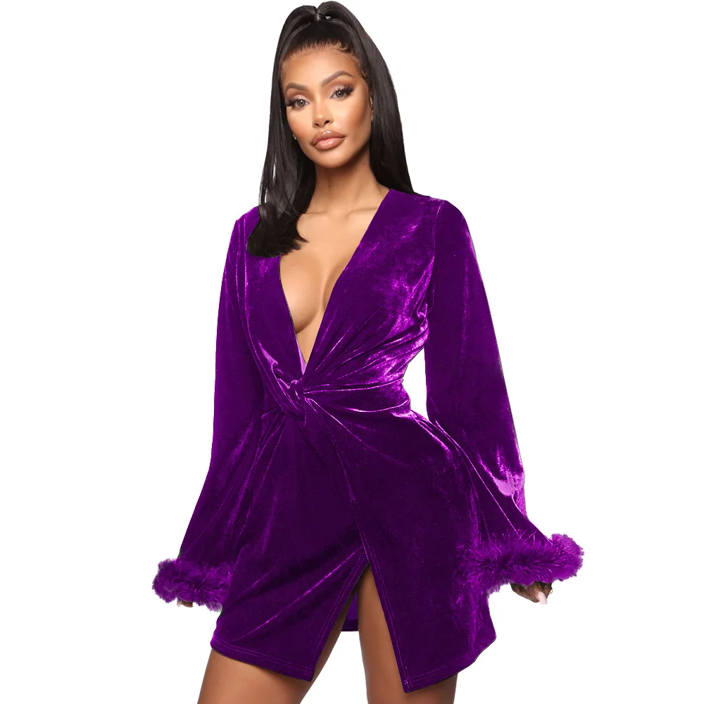 Сексуальное бархатное платье с перьями женское элегантное расклешенными