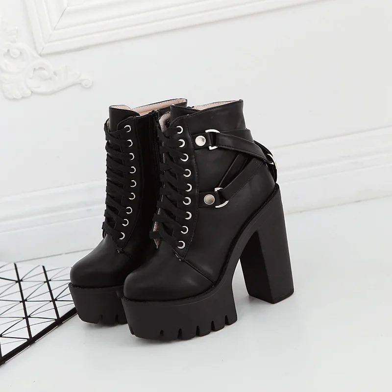 2021 Fashion Black Boots Women Heel Spring Autumn Lace-up Soft Leather Platform Shoes Woman Party Ankle Boots High Heels Punk