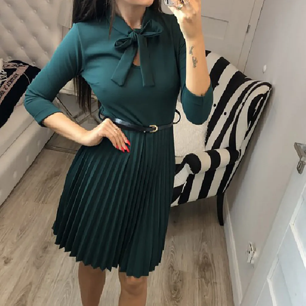 Женские платья однотонное мини-платье с круглым вырезом длинным рукавом