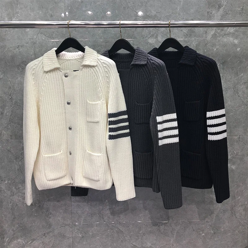 

2022 Fashion TB Brand Sweater Men Turn Down Collar Cardigans Clothing Striped Wool Solid Zipper Thick Winter Casual Coat