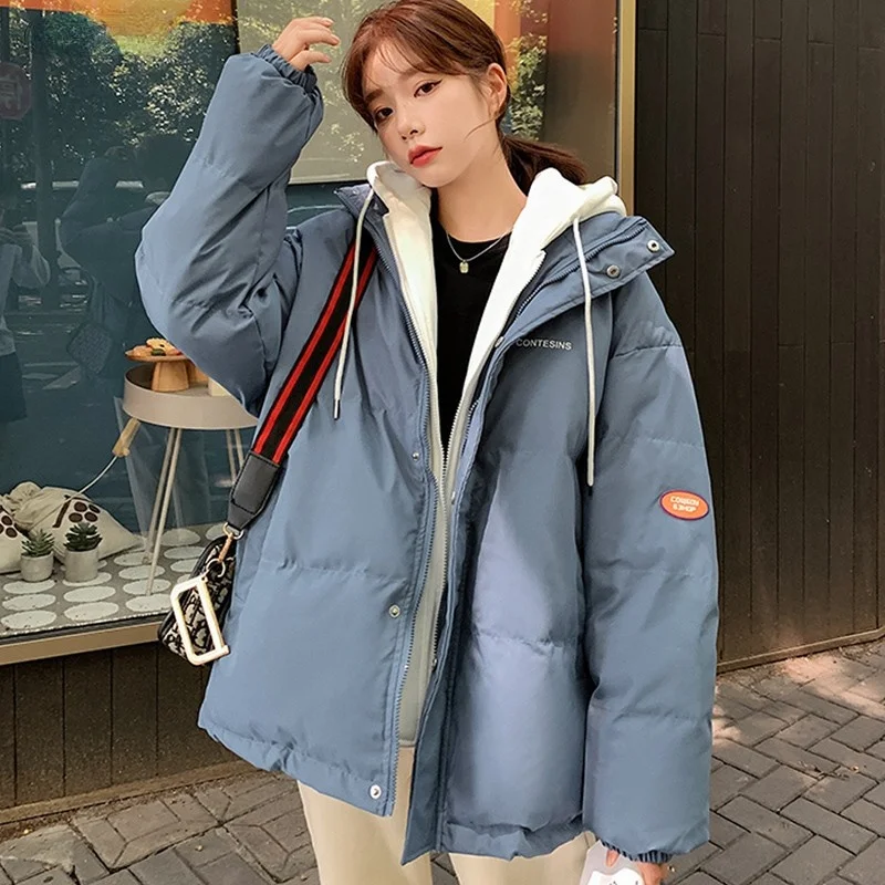 

Winter Jacket Women's Coat Thick Down Cotton Short Oversized Casual Hooded Bubble Coat Women's Fake Two-piece Harajuku Breadsuit