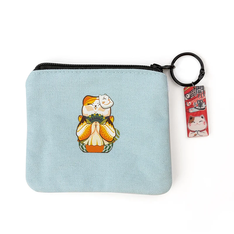 Japanese Lucky Cat Canvas Keychain Maneki Neko Trinkets Pendant Good Luck Fortune Wealth Students Coin Bag Ladies Small Wallet