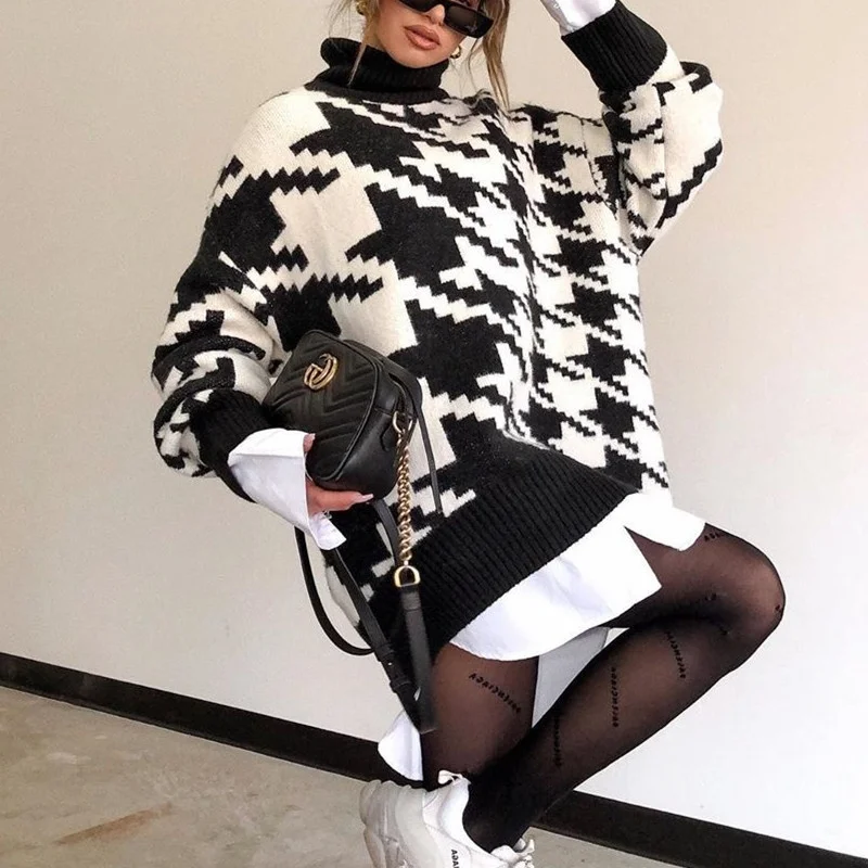 

JCHB Women Knitting Turtleneck Long Sleeve Black Pullovers Houndstooth Retro Tops Autumn Winter Loose Jumper Oversized Sweaters