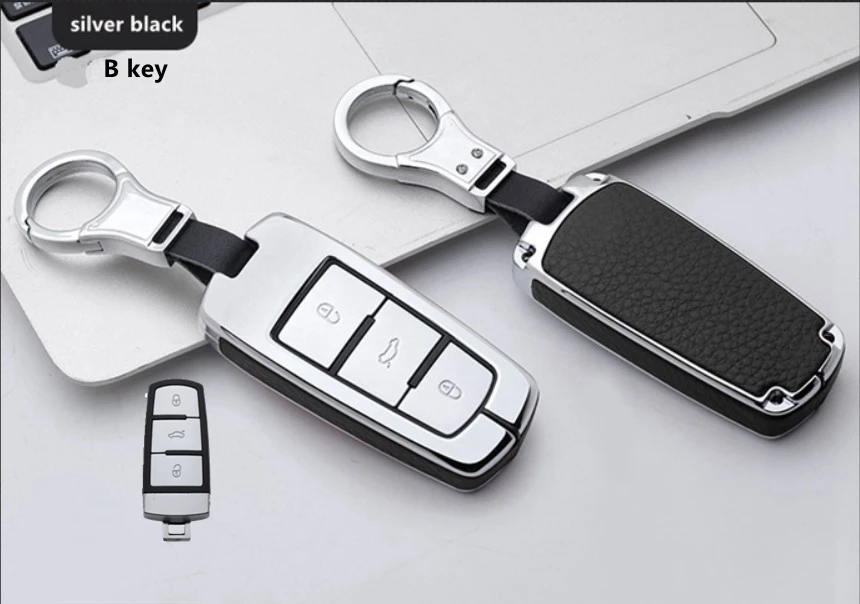 B key silver black Высококачественный автомобильный кожаный и металлический чехол для ключей, брелок для Volkswagen Tiguan MK2 CC Passat B8 для Skoda A7 Octavia Superb - Название цвета: B key silver black
