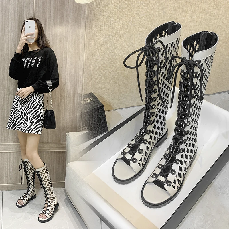 

Temperament Long Tube Sandals Women 2021 Summer New Leather Sandals Straps Mesh Hollow Mesh Boots Roman Type High Boots
