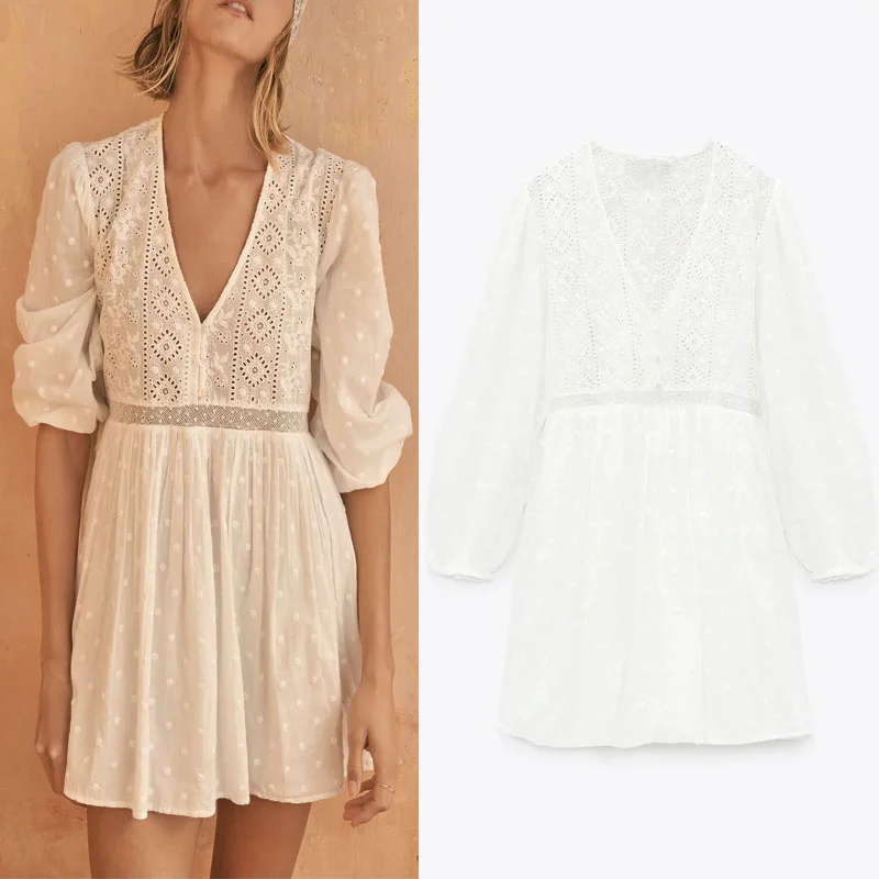 

Женское ажурное платье с вышивкой, белое элегантное пляжное платье с длинными рукавами-фонариками, на пуговицах, на лето, 2021