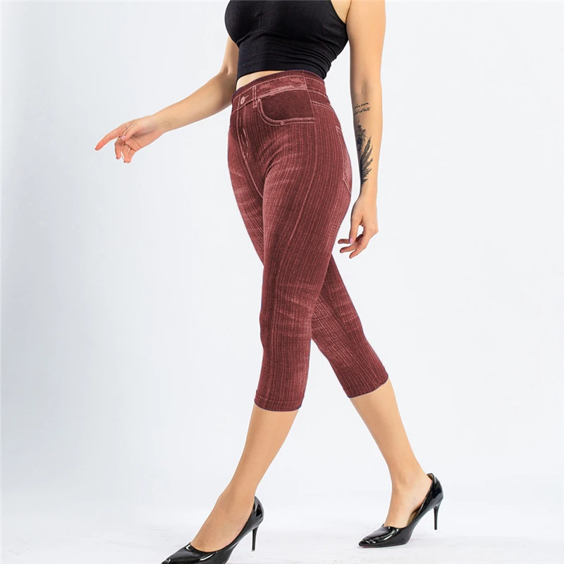 

High Waist Leggings Women'S Pants Women'S Clothing For The Summer Imitation Denim Hips Thin Slimming Seven Cropped Trousers