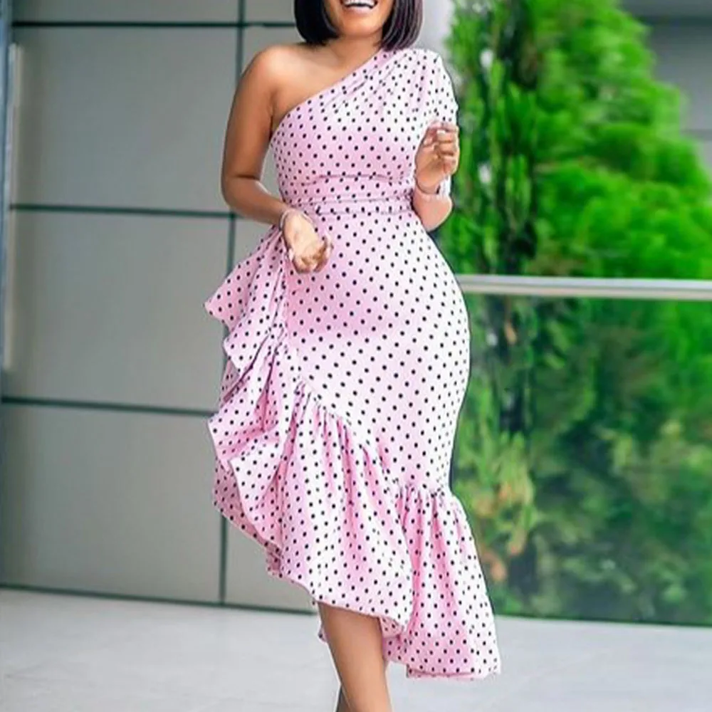 

Romantic party pink dress sexy one shoulder tunic high waist ruffle irregular vestidos women elegant dinner evening summer dress